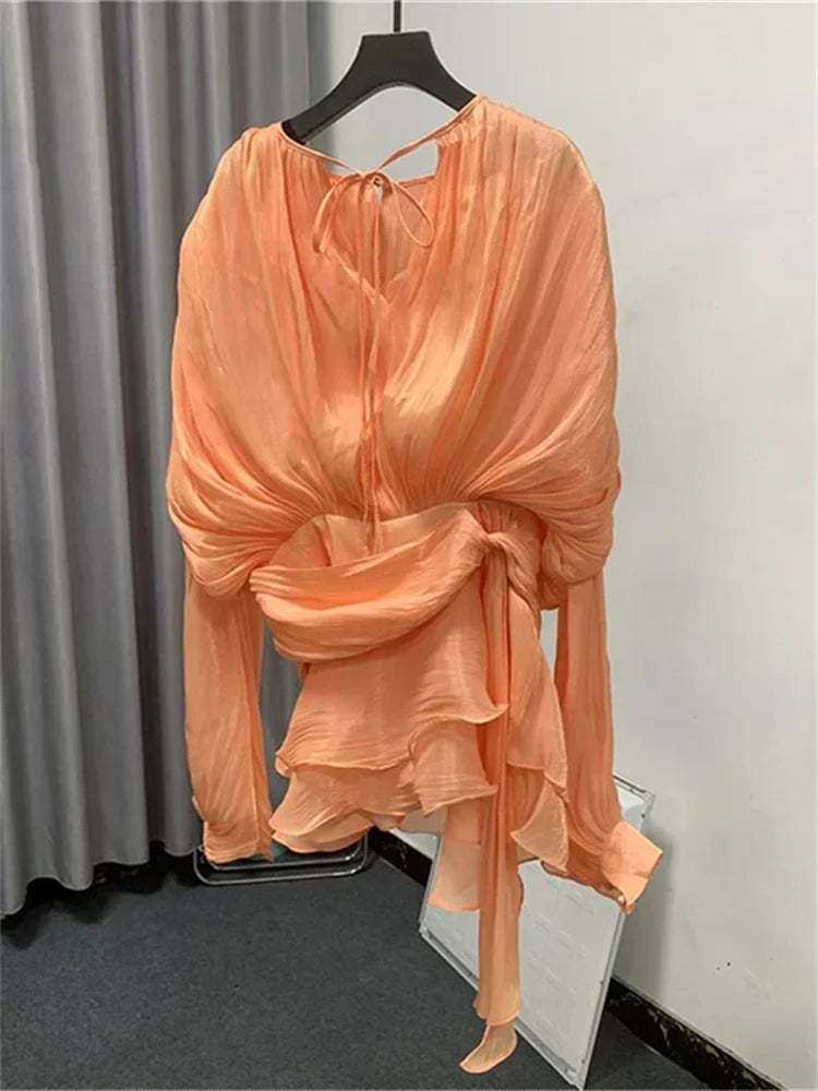 TARUXY Elegant Pleated Mini Dress For Women Lace Up Shiny Long Sleeve Dress Evening Party Outfits High Waist Female Slim Dress