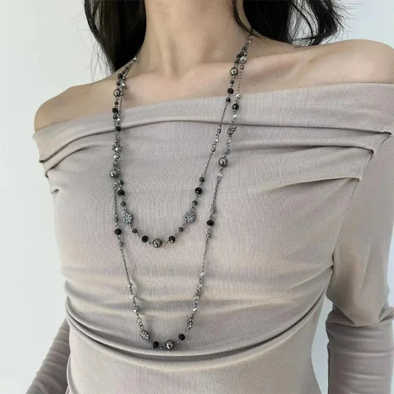 Retro Alien Irregular Baroque Pearl Pendant Necklace for Women Vintage Green Black Crystal Bead Long Necklace Neck Chain Jewelry