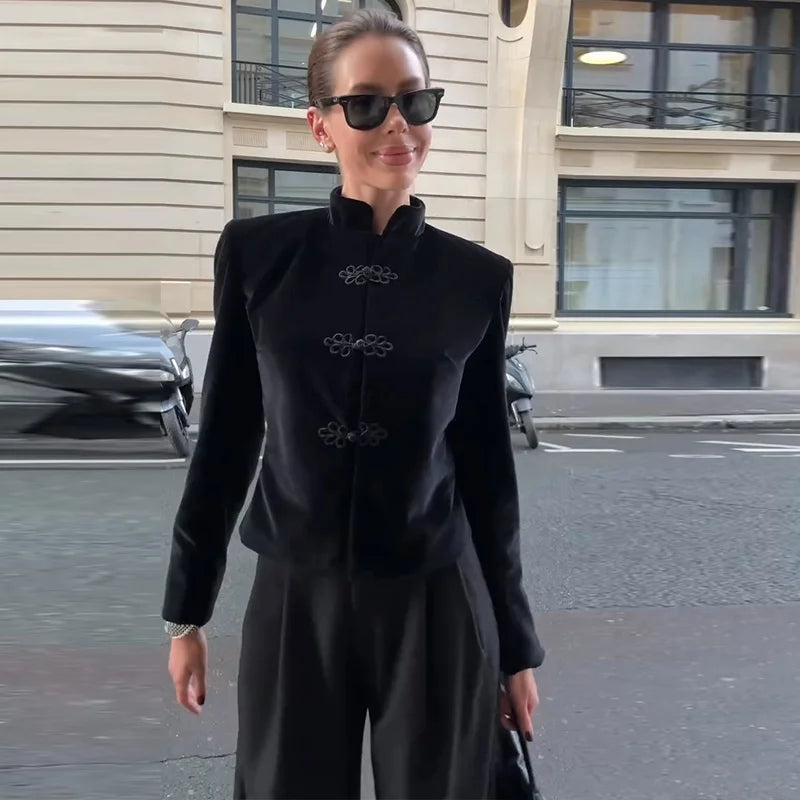 Black Velvet Tassel Jacket Knot Button Asymmetric Hem Long Sleeve Slim Fit Elegant Daily Commute Streetwear Fashion Outerwear