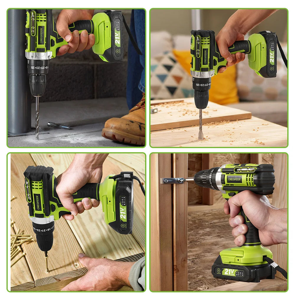 ONEGREEN 25+3 Torque Electric Impact Drill 3 Mode Adjustable Cordless Electric Screwdriver Power Tool For Makita 21V Battery Pin