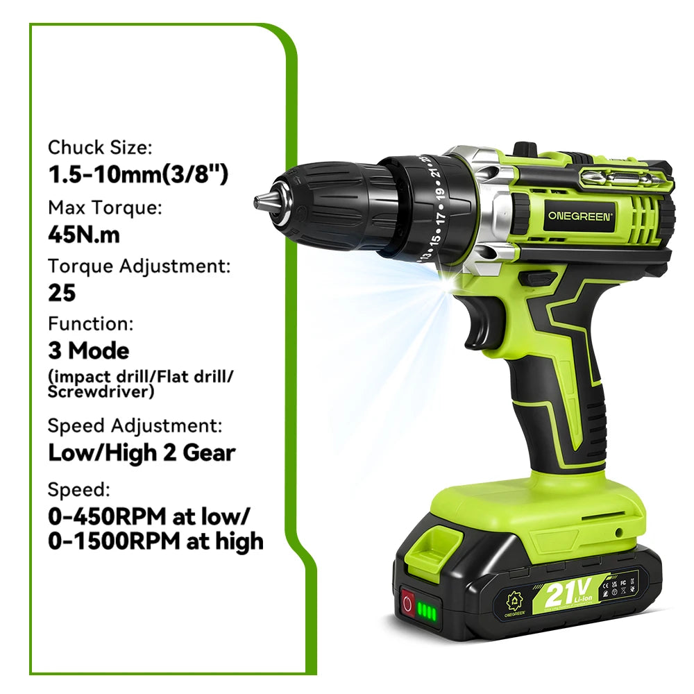 ONEGREEN 25+3 Torque Electric Impact Drill 3 Mode Adjustable Cordless Electric Screwdriver Power Tool For Makita 21V Battery Pin