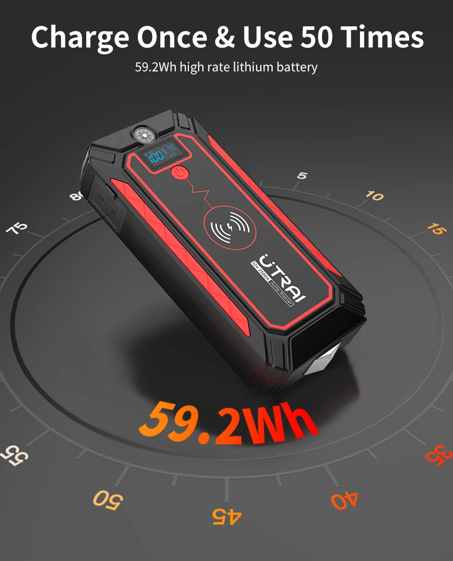 Car Jump Starter  2500A Power Bank Car Battery with 10W Wireless Charger LCD Screen Safety Hammer Jump starter