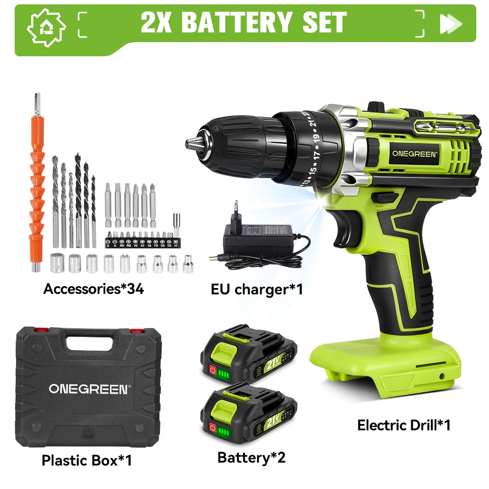 ONEGREEN 25+3 Torque Electric Impact Drill 3 Mode Adjustable Cordless Electric Screwdriver Power Tool For Makita 21V Battery Pin