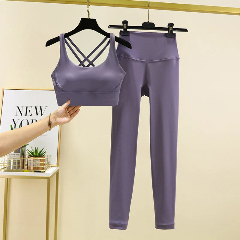 TRY TO BN Tummy Control Gym Set 2 Piece High Waisted Leggings Cross Bra Squat Proof Fitness Breathable Yoga Outfits Workout Set
