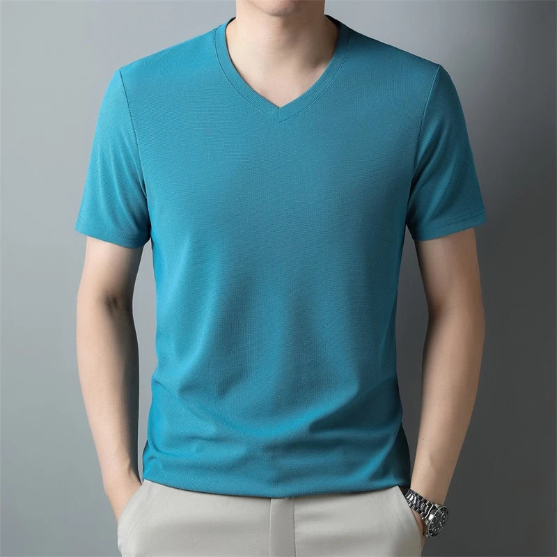 2024 Men's Waffle V Neck Short Sleeve T-Shirt Summer Comfortable Breathable Fashion Top in Solid Colors