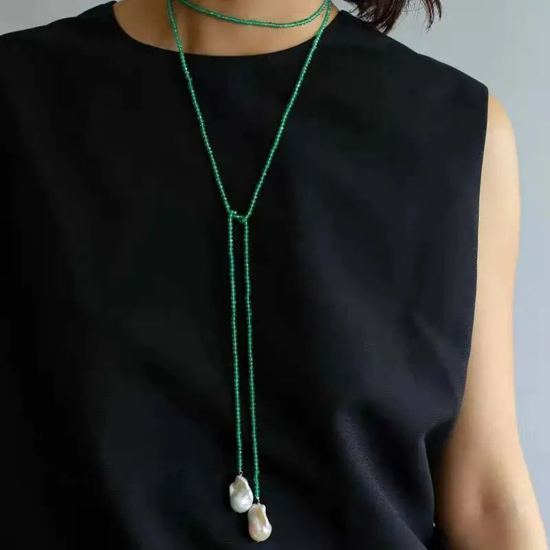 Retro Alien Irregular Baroque Pearl Pendant Necklace for Women Vintage Green Black Crystal Bead Long Necklace Neck Chain Jewelry