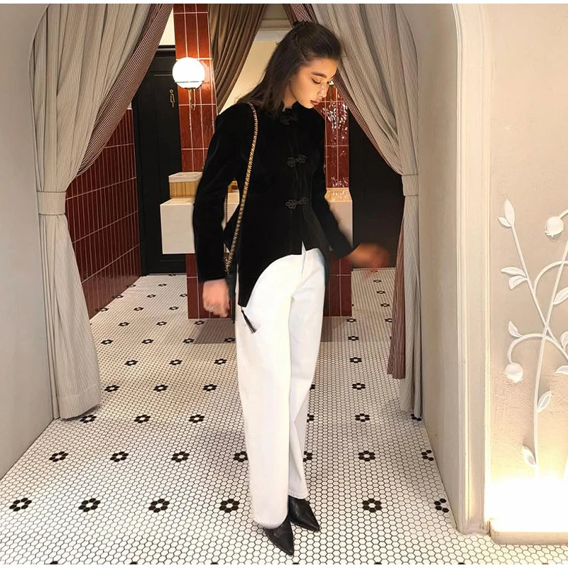 Black Velvet Tassel Jacket Knot Button Asymmetric Hem Long Sleeve Slim Fit Elegant Daily Commute Streetwear Fashion Outerwear