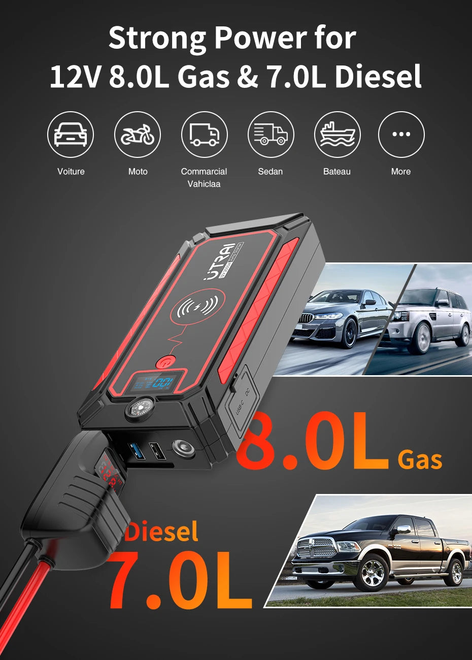 Car Jump Starter  2500A Power Bank Car Battery with 10W Wireless Charger LCD Screen Safety Hammer Jump starter