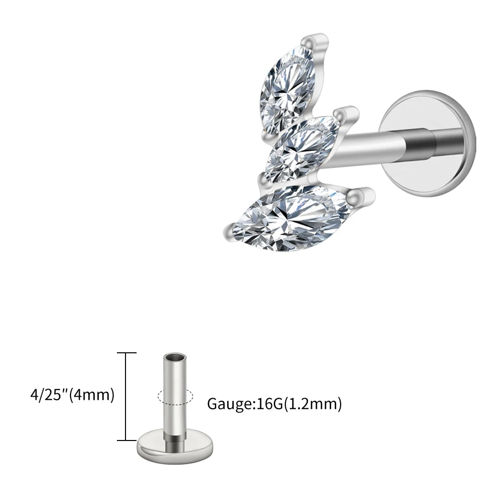 Right Grand ASTM F136 Titanium 16G Cluster Marquise CZ Tragus Helix Stud Conch Lobe Rook Cartilage Leaf Climber Flat Back Labret