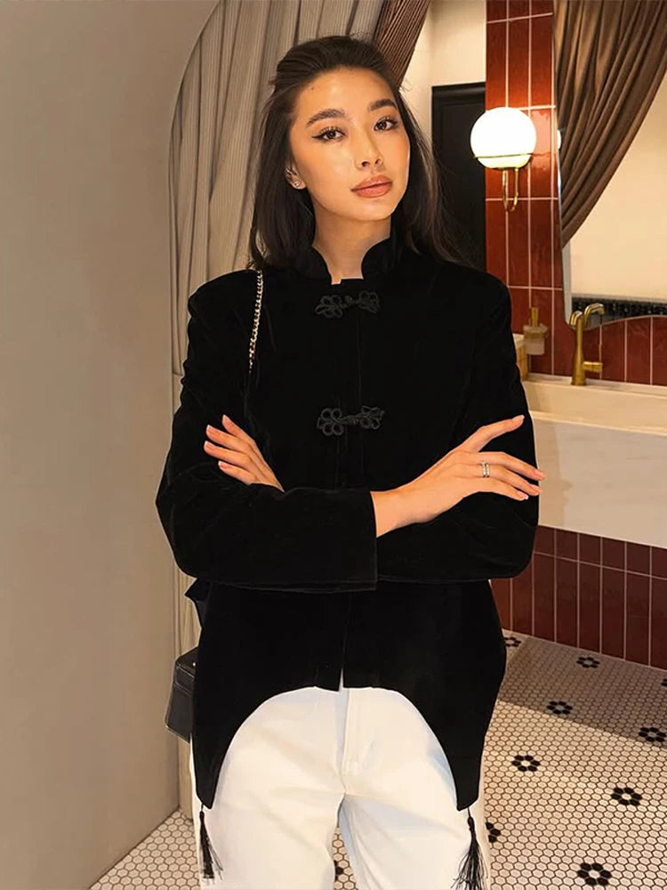 Black Velvet Tassel Jacket Knot Button Asymmetric Hem Long Sleeve Slim Fit Elegant Daily Commute Streetwear Fashion Outerwear