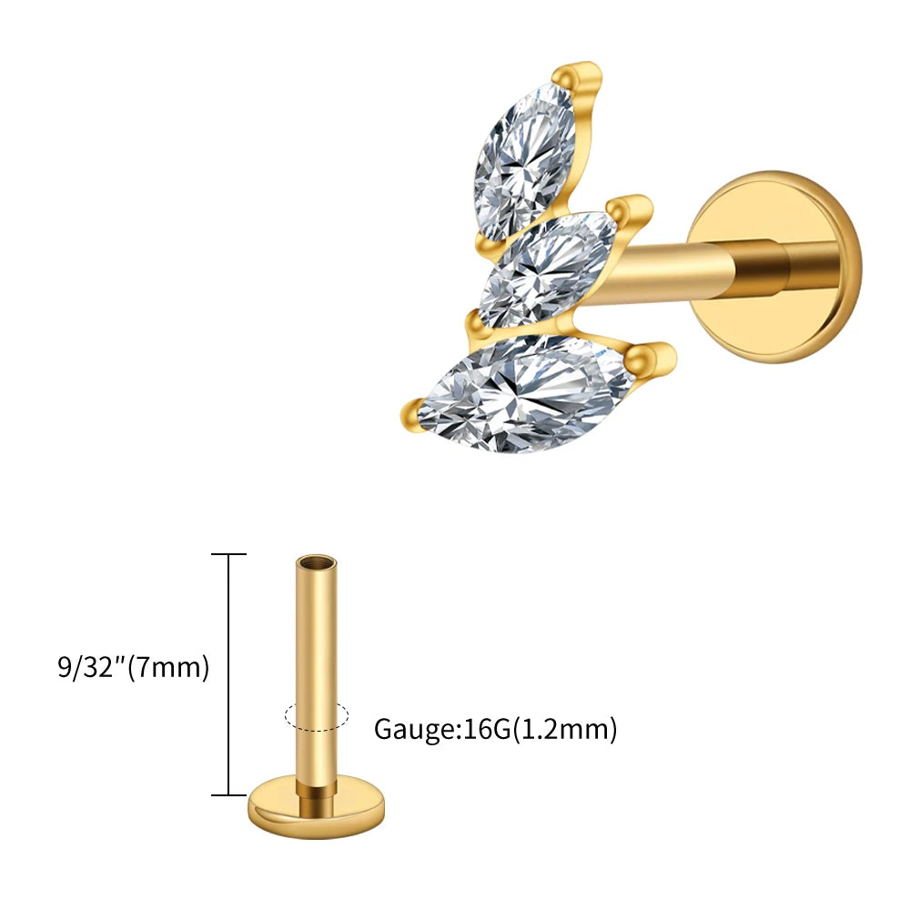 Right Grand ASTM F136 Titanium 16G Cluster Marquise CZ Tragus Helix Stud Conch Lobe Rook Cartilage Leaf Climber Flat Back Labret