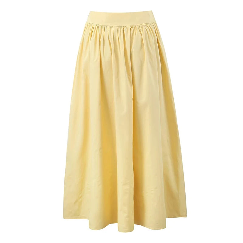 YENKYE 2025 Women Yellow White Cotton Big Swing Long Skirt Vintage High Waist Side Zipper A-line Summer Skirts Holiday