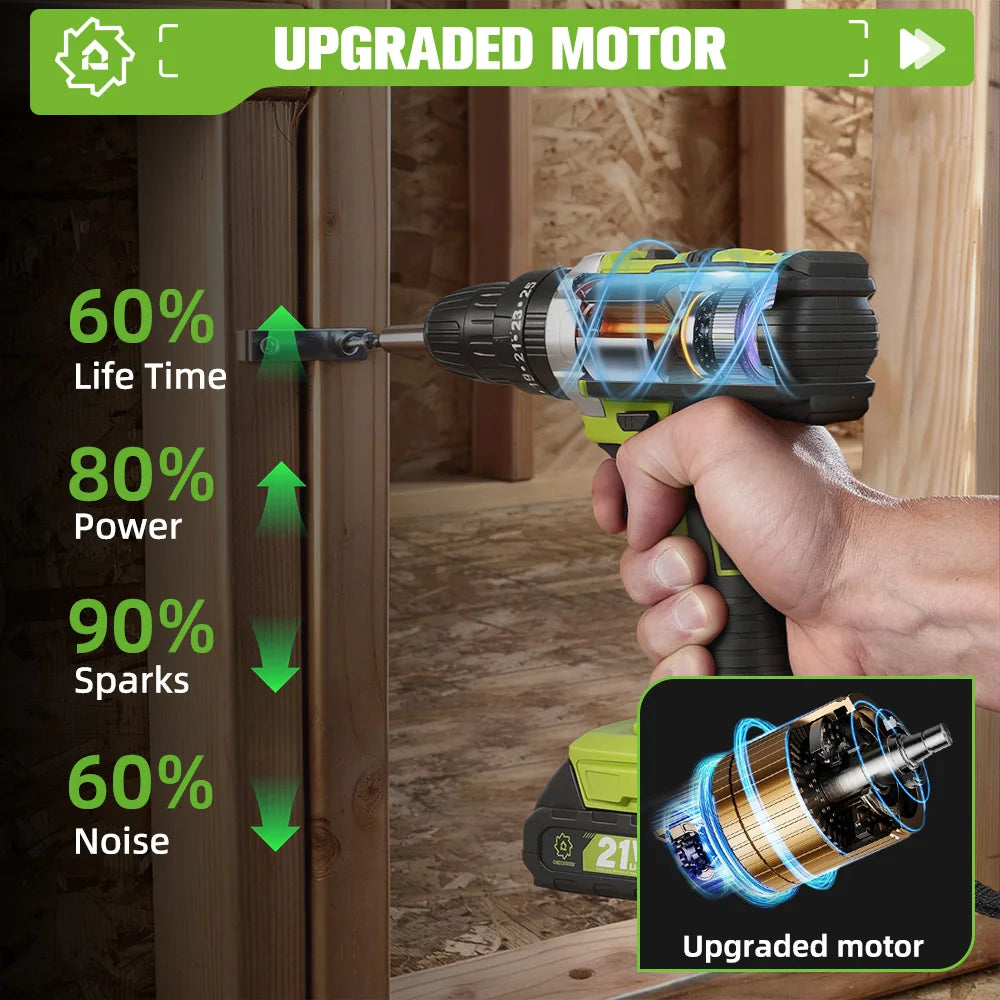 ONEGREEN 25+3 Torque Electric Impact Drill 3 Mode Adjustable Cordless Electric Screwdriver Power Tool For Makita 21V Battery Pin