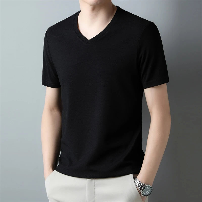 2024 Men's Waffle V Neck Short Sleeve T-Shirt Summer Comfortable Breathable Fashion Top in Solid Colors