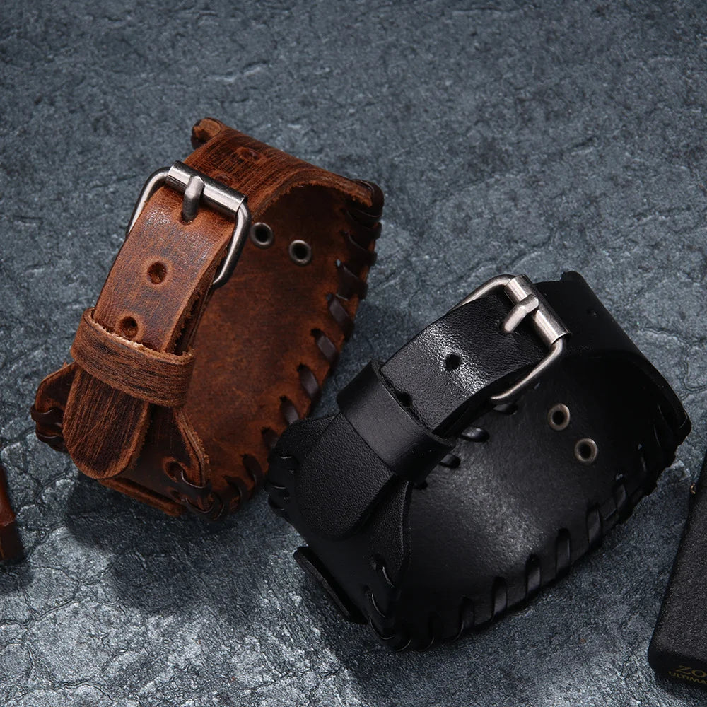 Men's Stylish Viking Themed Leather Wristband Bold Wolf Motif Metal Embellishment Bracelet Punk Rock Parties Jewelry Unique Gift