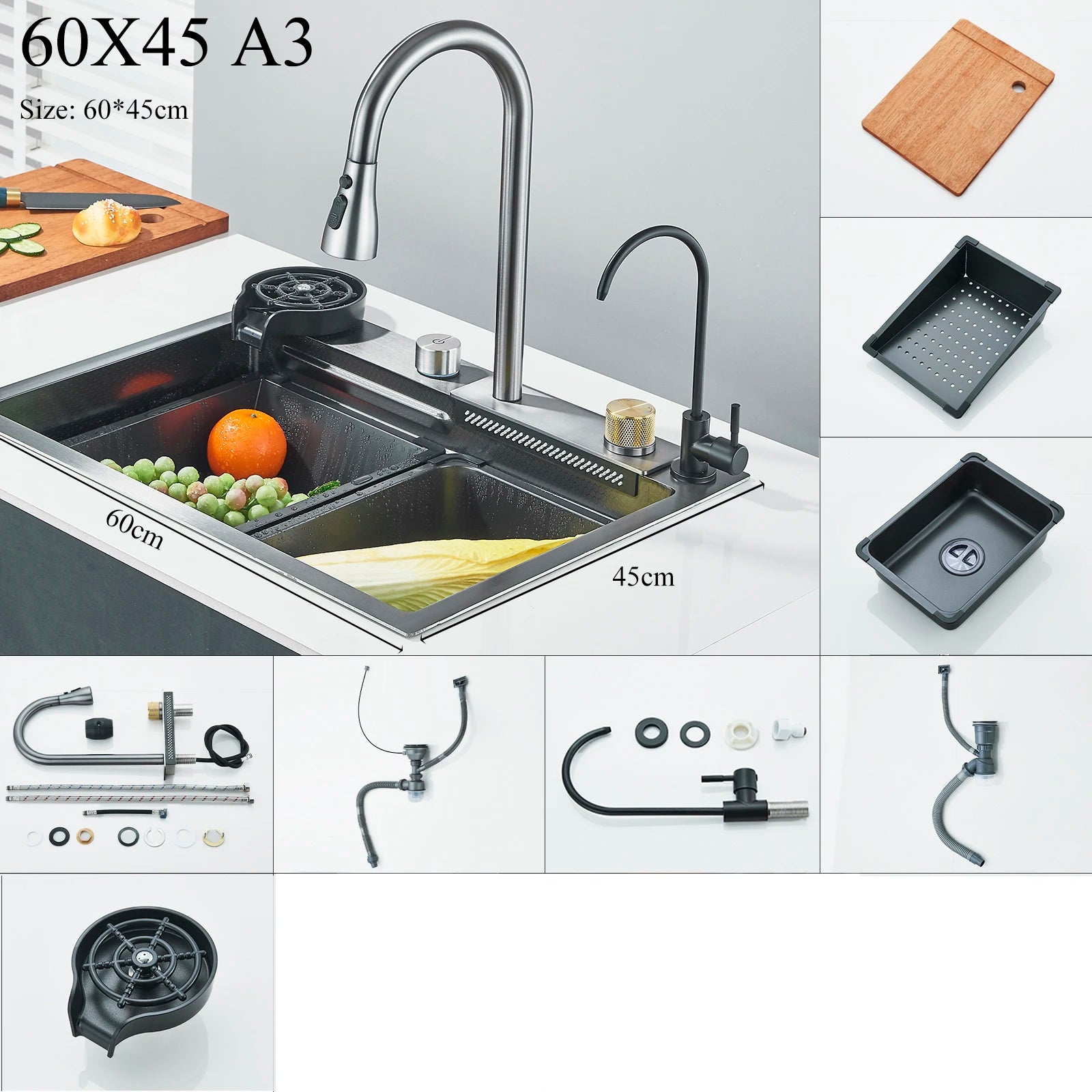 Shinesia Stainless Steel Kitchen Waterfall Sink Digital Display Large Single Sink Dish Basin Sink With Multifunction