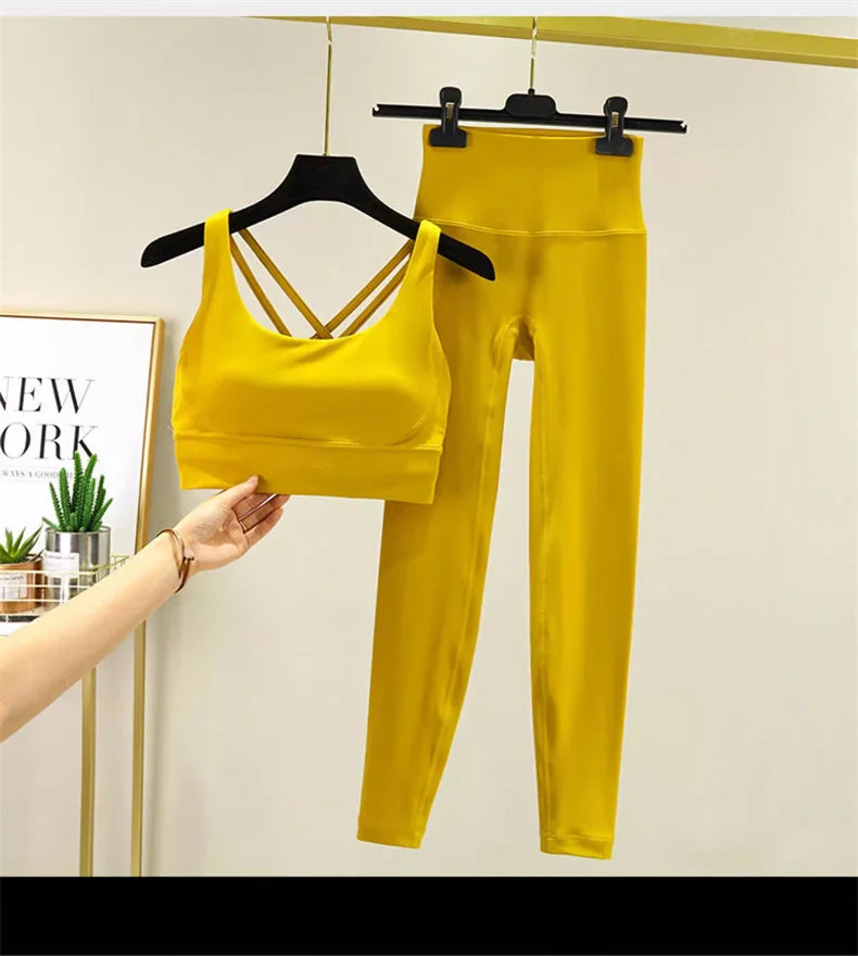 TRY TO BN Tummy Control Gym Set 2 Piece High Waisted Leggings Cross Bra Squat Proof Fitness Breathable Yoga Outfits Workout Set