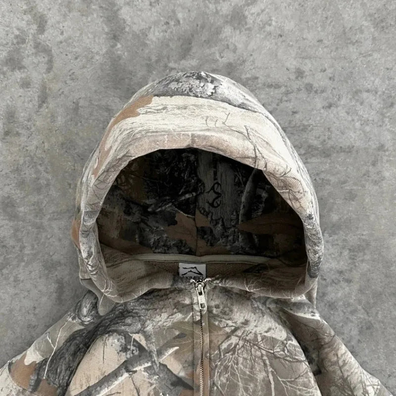 Y2K Hoodie Retro Zip Up Camouflage Pattern Zipper Sweatshirt High Street Hip Hop Streetwear Man and Women Hoodies Unisex Camo