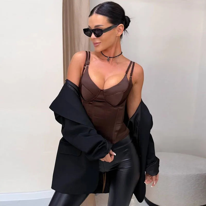 Women Solid Deep-V Satin Camisole Corset Top Elegant Double-Strap Fitted Cropped Back-Tie 2025 Chic Versatile Date Lady Tops