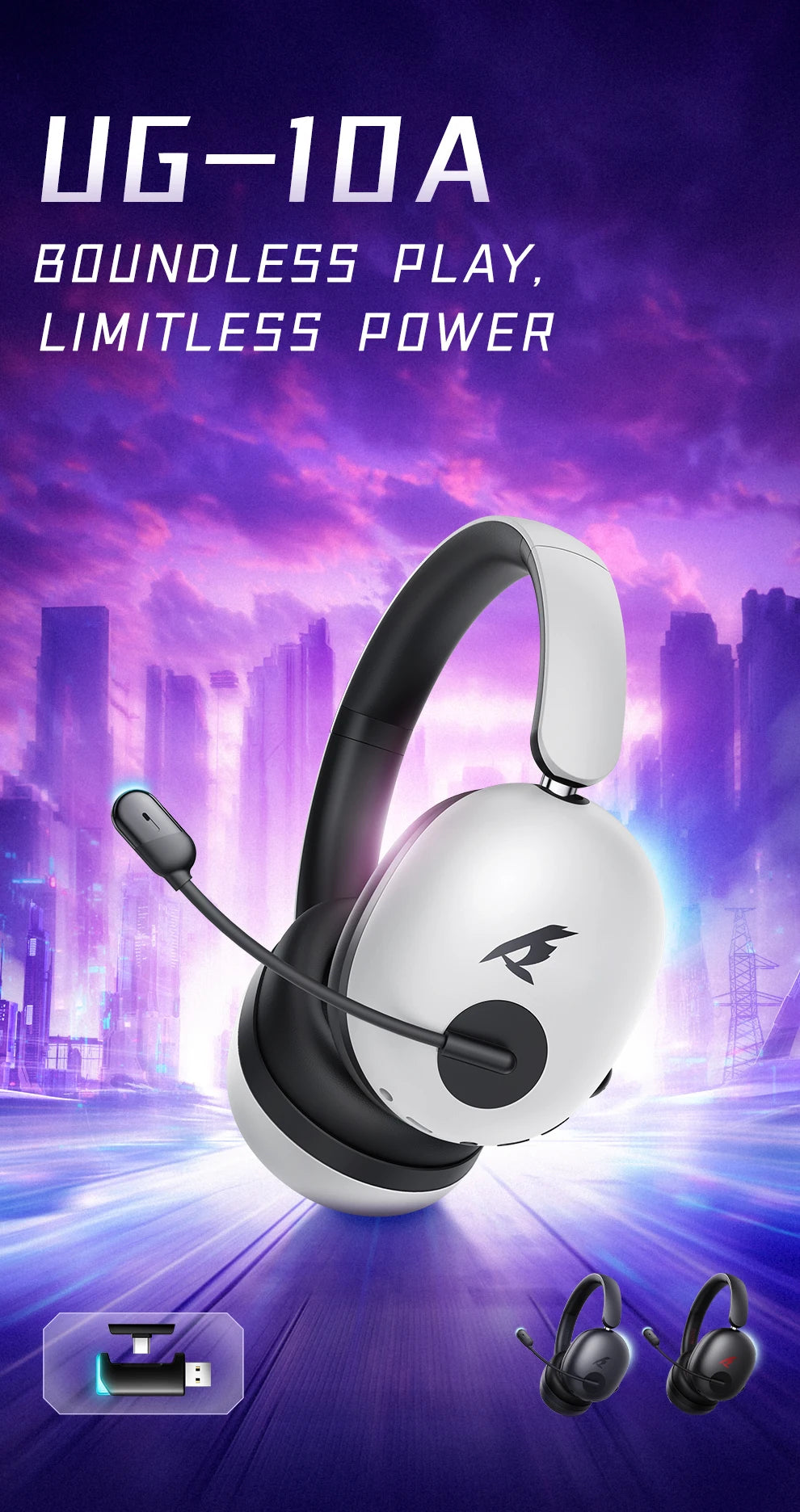 Picun UG-10A Gaming Wireless Headphone with Mic Over-Ear Headset 56dB Bluetooth 6.0 40mm Driver 2.4G/Wireless/Cable Earphones
