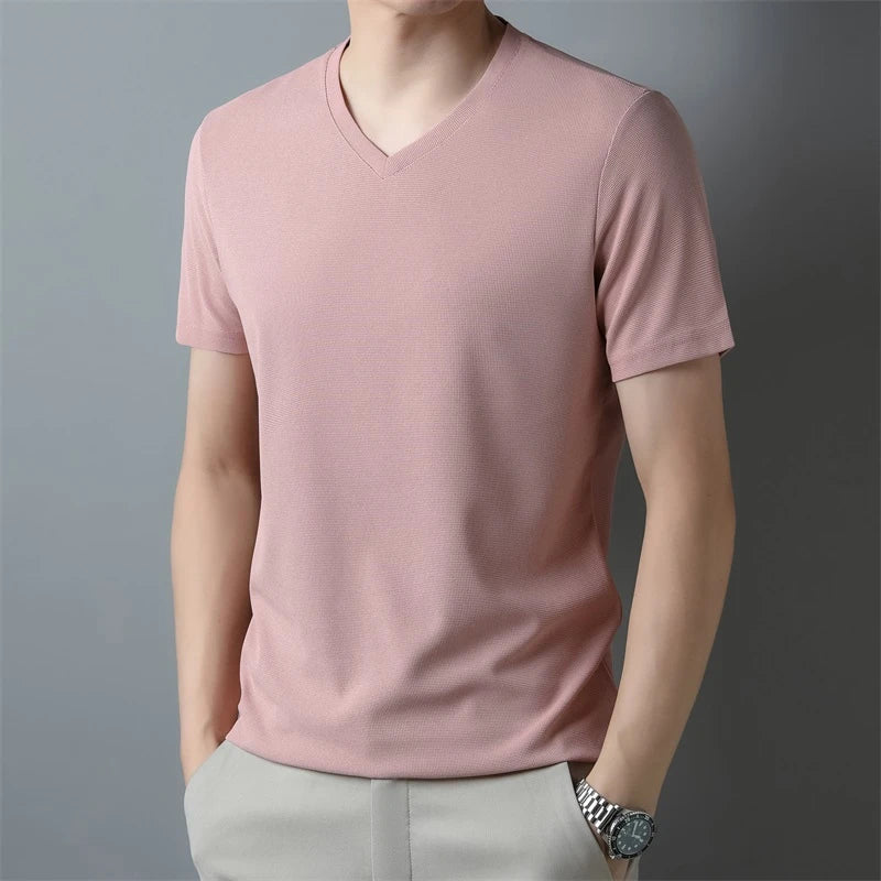 2024 Men's Waffle V Neck Short Sleeve T-Shirt Summer Comfortable Breathable Fashion Top in Solid Colors