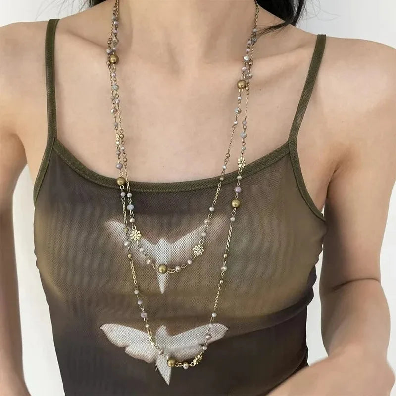 Retro Alien Irregular Baroque Pearl Pendant Necklace for Women Vintage Green Black Crystal Bead Long Necklace Neck Chain Jewelry