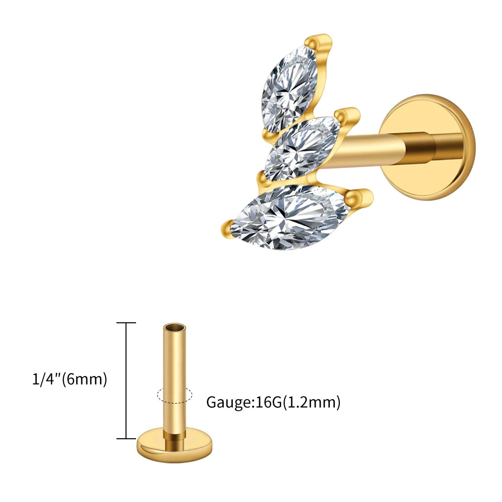 Right Grand ASTM F136 Titanium 16G Cluster Marquise CZ Tragus Helix Stud Conch Lobe Rook Cartilage Leaf Climber Flat Back Labret