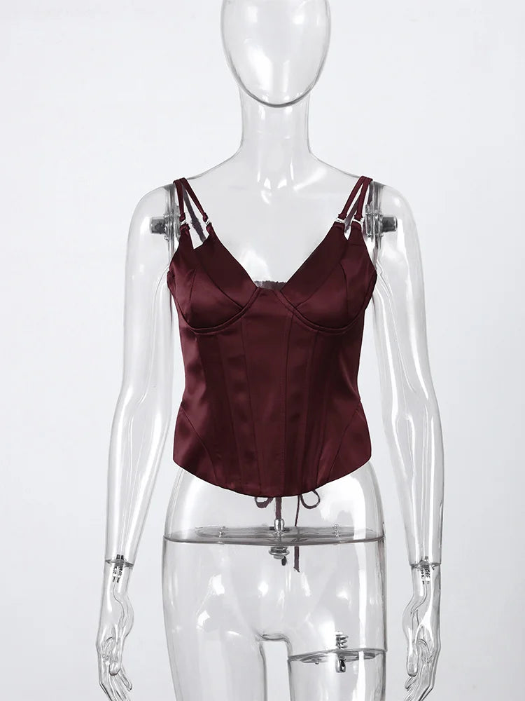 Women Solid Deep-V Satin Camisole Corset Top Elegant Double-Strap Fitted Cropped Back-Tie 2025 Chic Versatile Date Lady Tops