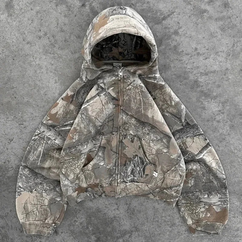 Y2K Hoodie Retro Zip Up Camouflage Pattern Zipper Sweatshirt High Street Hip Hop Streetwear Man and Women Hoodies Unisex Camo