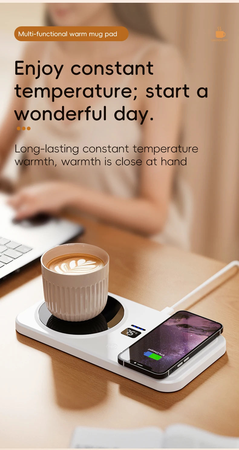 2 in 1 Coffee Mug Warmer Wireless Charger Multi-functional Cup Heating Pad 3 Gear Temperature Warmer Coaster For Milk Tea Water