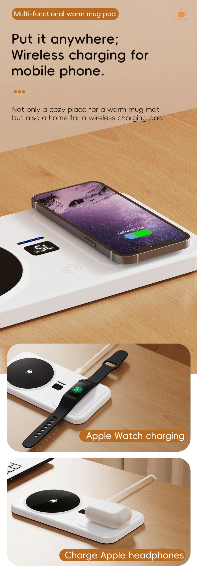 2 in 1 Coffee Mug Warmer Wireless Charger Multi-functional Cup Heating Pad 3 Gear Temperature Warmer Coaster For Milk Tea Water