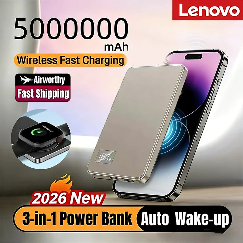 Lenovo 500000mAh Wireless Magnetic PowerBank for Magsafe Fast Charging PD22.5W Portable External Battery Supply for iPhone 15-17
