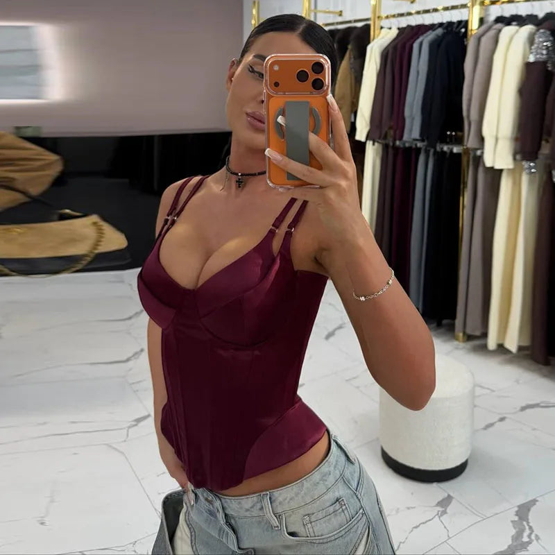 Women Solid Deep-V Satin Camisole Corset Top Elegant Double-Strap Fitted Cropped Back-Tie 2025 Chic Versatile Date Lady Tops