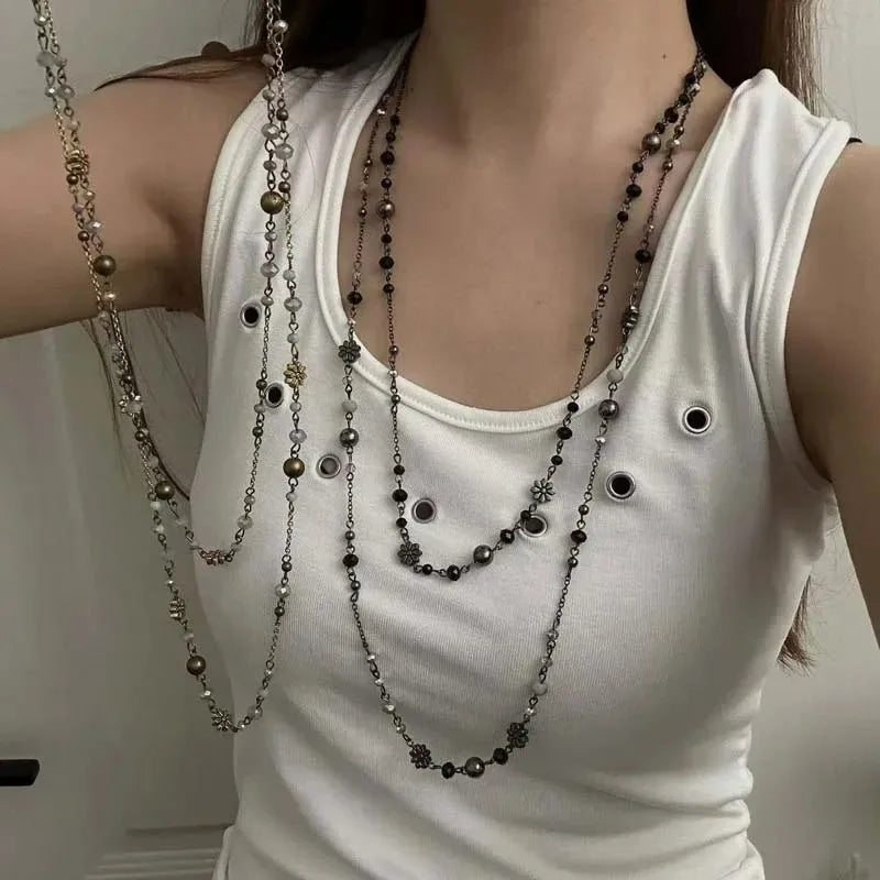 Retro Alien Irregular Baroque Pearl Pendant Necklace for Women Vintage Green Black Crystal Bead Long Necklace Neck Chain Jewelry